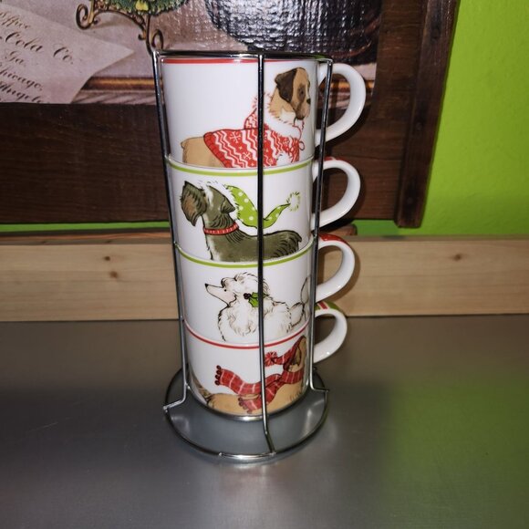 Dog-Themed Ceramic Stackable Coffee Mug Set With Metal Stand - Picture 4 of 7